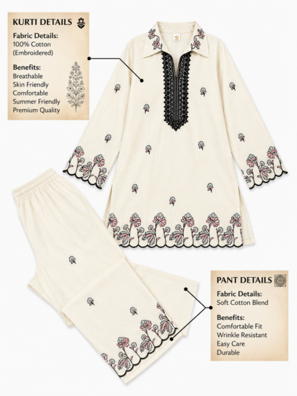 Women Off White Floral Embroidered Kurti with Farshi Salwar Set