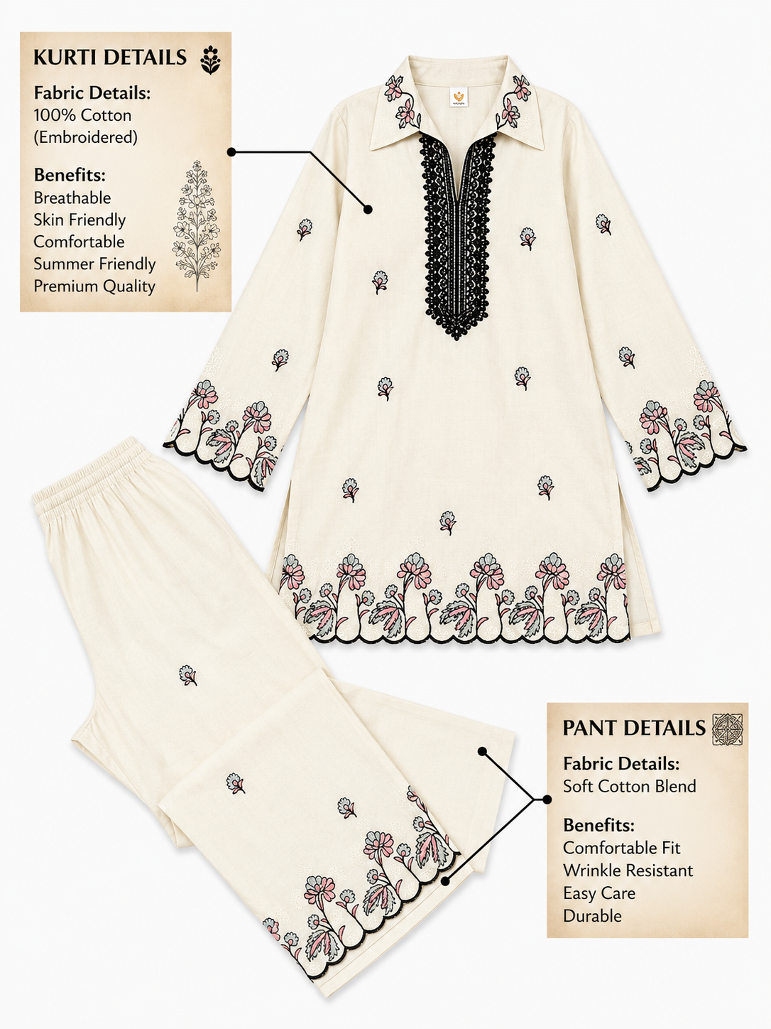 2f88f4a9-e960-4527-a021-621a995084d2 Women Off White Floral Embroidered Kurti with Farshi Salwar Set - Image 1