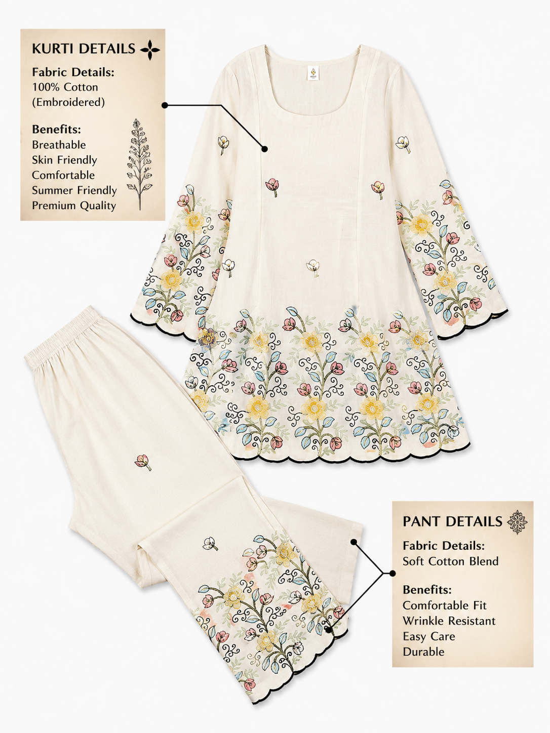 3865a4b1-2cb4-4880-bdbd-2b6e3a8c55be Women Cream Floral Embroidered Kurti Pant Set - Image 1