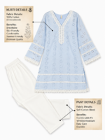 Women Sky Blue Schiffli Embroidered Kurti Pant Set with Inner Camisole
