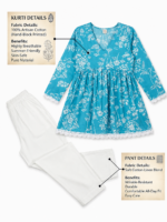 Azure Bloom Cotton Co-Ord Set with White Pants