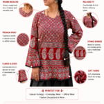 Mevastra Red Ajrakh Print Bell Sleeve Kurti