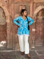 Azure Bloom Cotton Co-Ord Set with White Pants - Image 2