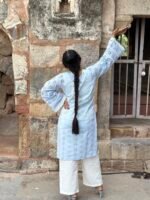 Women Sky Blue Schiffli Embroidered Kurti Pant Set with Inner Camisole - Image 4