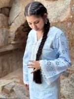 Women Sky Blue Schiffli Embroidered Kurti Pant Set with Inner Camisole - Image 2