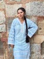 Women Sky Blue Schiffli Embroidered Kurti Pant Set with Inner Camisole - Image 3