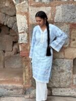 Women Sky Blue Schiffli Embroidered Kurti Pant Set with Inner Camisole - Image 6
