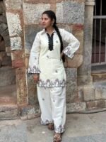 Women Off White Floral Embroidered Kurti with Farshi Salwar Set - Image 4