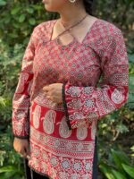 Mevastra Red Ajrakh Print Bell Sleeve Kurti - Image 2