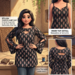 Women's Black Printed 2-Piece Kurti Set with Detachable Overlay Top