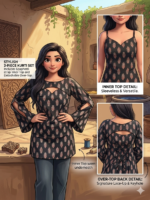 Women's Black Printed 2-Piece Kurti Set with Detachable Overlay Top